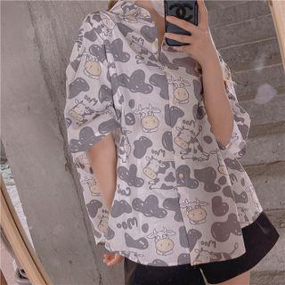 Elbow-sleeve Cow Print Shirt Gray Cow - White - One Size