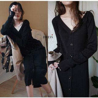 V-neck Button Midi Knit Dress Black - One Size