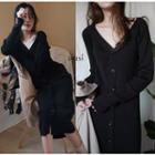 V-neck Button Midi Knit Dress Black - One Size