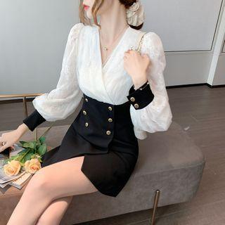 Mock Two-piece Puff-sleeve Double Breasted Dress