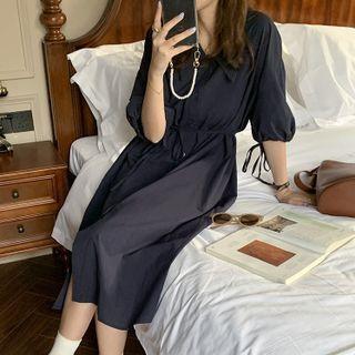 Puff-sleeve Midi Shirtdress Navy Blue - One Size