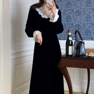 Bell-sleeve Collared Velvet Midi A-line Dress Black - One Size