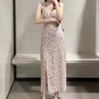 Floral Print Cropped Camisole Top / Slit Midi A-line Skirt / Set