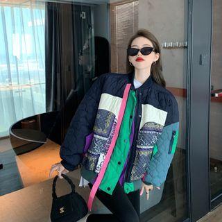 Printed Color Block Bomber Jacket Black & Green - One Size