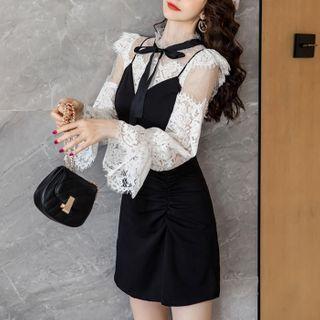 Set: Balloon-sleeve Lace Blouse + Pinafore Dress