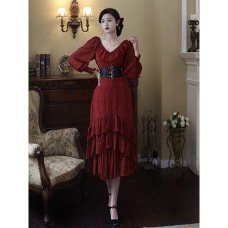 Lantern-sleeve Midi A-line Dress With Corset Belt / Spaghetti-strap Dress