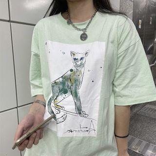 Short-sleeve Cat Print Loose-fit T-shirt