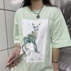 Short-sleeve Cat Print Loose-fit T-shirt