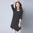 Striped Elbow-sleeve Knitted T-shirt Dress