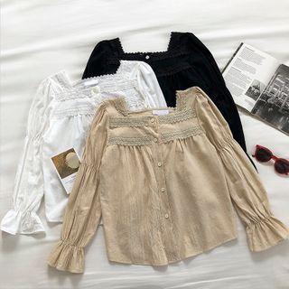 Plain Square-neck Lace-trim Flare-sleeve Blouse