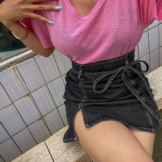 Slit Stitched Denim Miniskirt With Sash