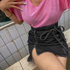 Slit Stitched Denim Miniskirt With Sash
