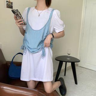 Plain Short-sleeve T-shirt Dress / Drawstring Denim Vest