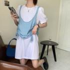 Plain Short-sleeve T-shirt Dress / Drawstring Denim Vest