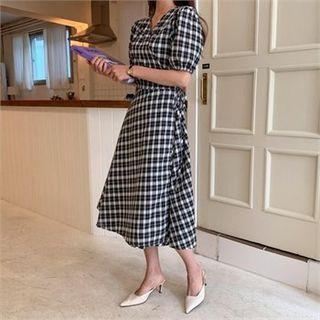 Puff-sleeve Wrap-front Checked Dress Black - One Size