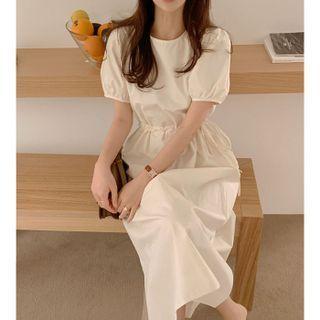 Puff Sleeve Drawstring Plain Dress Almond - One Size