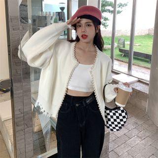 Long-sleeve Plain Faux Pearl Cardigan