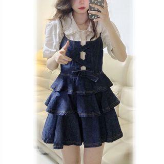 Puff-sleeve Blouse / Spaghetti Strap Denim Mini A-line Dress / Set