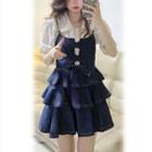 Puff-sleeve Blouse / Spaghetti Strap Denim Mini A-line Dress / Set