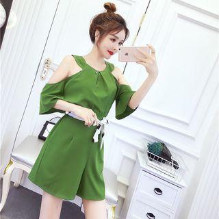 3/4-sleeve Cold Shoulder Wide-leg Playsuit