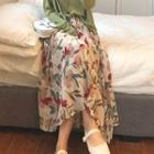 Pleated Floral A-line Midi Chiffon Skirt
