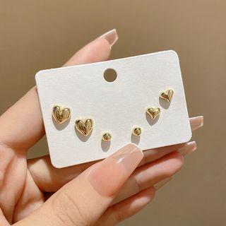 3 Pair Set: Heart / Bead Alloy Earring Set Of 3 Pair - Gold - One Size