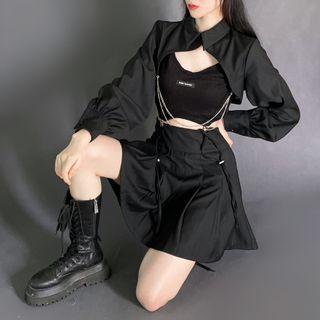 Long-sleeve Cropped Shirt / Applique Knit Camisole / Lace-up Pleated Skirt (various Designs)