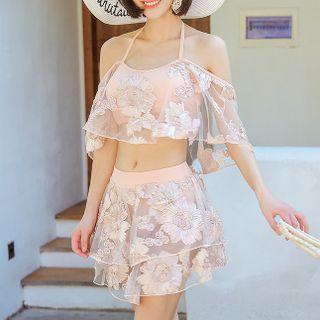 Set: Off-shoulder Floral Embroidered Tankini Top + Coverup Skirt + Bottom