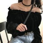 Off-shoulder Cropped Velvet Blouse Black - One Size
