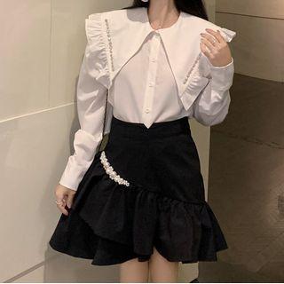 Puff-sleeve Ruffle Trim Blouse / Faux Pearl A-line Skirt