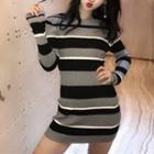 Stripe Long-sleeve Mini Knit Sheath Dress Gray - One Size