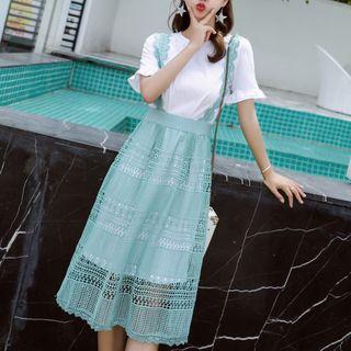 Set: Frilled Trim Short Sleeve T-shirt + Lace Jumper Dress