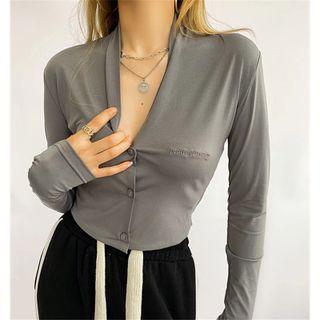 Long-sleeve Letter Embroidered Button-up T-shirt