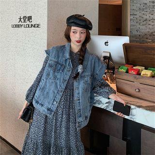 Pocket Detail Denim Vest / Flower Print Long-sleeve Midi Shift Dress