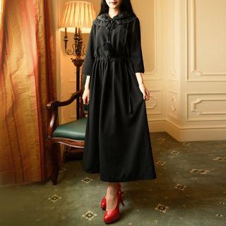 Lace Collar Drawstring Waist Maxi Chiffon Dress