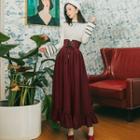 Set: Lace Trim Flared-sleeve T-shirt + Lace Up Maxi A-line Skirt