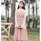 Set: Long-sleeve Lace Top + Embroidered Midi Pinafore Dress