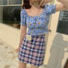 Floral Cropped Short-sleeve Top / Plaid A-line Skirt
