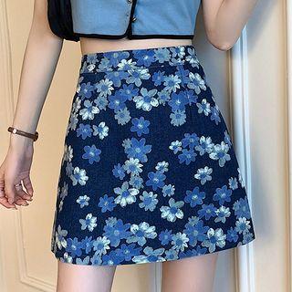 Floral Denim Mini A-line Skirt