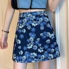 Floral Denim Mini A-line Skirt