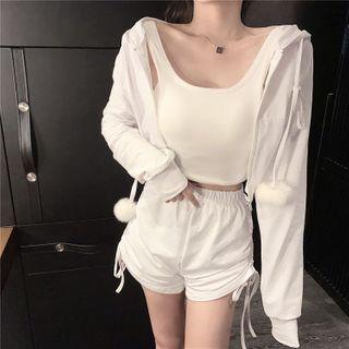 Long-sleeve Plain Cardigan / Sleeveless Plain Top / High-waist Drawstring Shorts