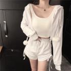 Long-sleeve Plain Cardigan / Sleeveless Plain Top / High-waist Drawstring Shorts