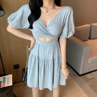 Short-sleeve Plain Crisscross Cutout Dress