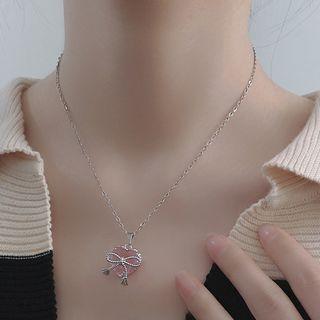 Rhinestone Bow Necklace Pink Rhinestone - Silver - One Size
