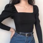 Long-sleeve Puff-shoulder Square-neck Top