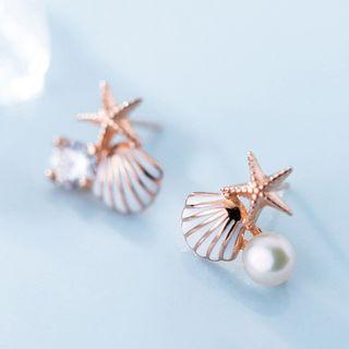 925 Sterling Silver Asymmetric Rhinestone Faux Pearl Stud Earring 1 Pair - Rose Gold - One Size