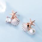 925 Sterling Silver Asymmetric Rhinestone Faux Pearl Stud Earring 1 Pair - Rose Gold - One Size