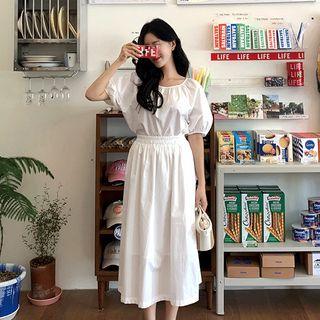 Puff-sleeve Blouse & Gather-waist Skirt Set