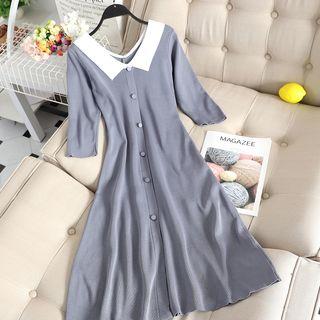 Color Block Elbow-sleeve Knitted A-line Dress
