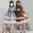 Striped Ruffled Long-sleeve A-line Dress / Bonnet / Set